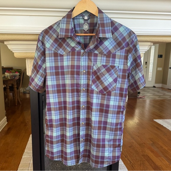 Club Ride Apparel Blue Purple Brown Plaid Button Down Shirt - Picture 1 of 4